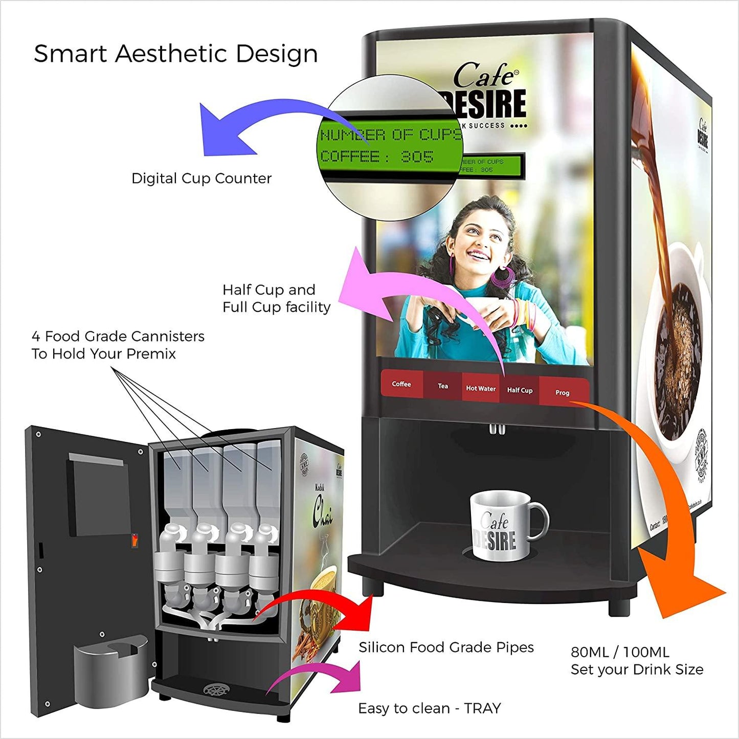 Coffee Machine 4 Lane | Four Beverage Options | Fully Automatic Tea & Coffee Vending Machine | For Offices, Shops and Smart Homes | Make 4 Varieties of Coffee Tea with Premix | No Milk, Tea, Coffee Powder Required - Cafe Desire Cafe Desire My Cafe Desire Coffee Machine 4 Lane | Four Beverage Options | Fully Automatic Tea & Coffee Vending Machine | For Offices, Shops and Smart Homes | Make 4 Varieties of Coffee Tea with Premix | No Milk, Tea, Coffee Powder Required